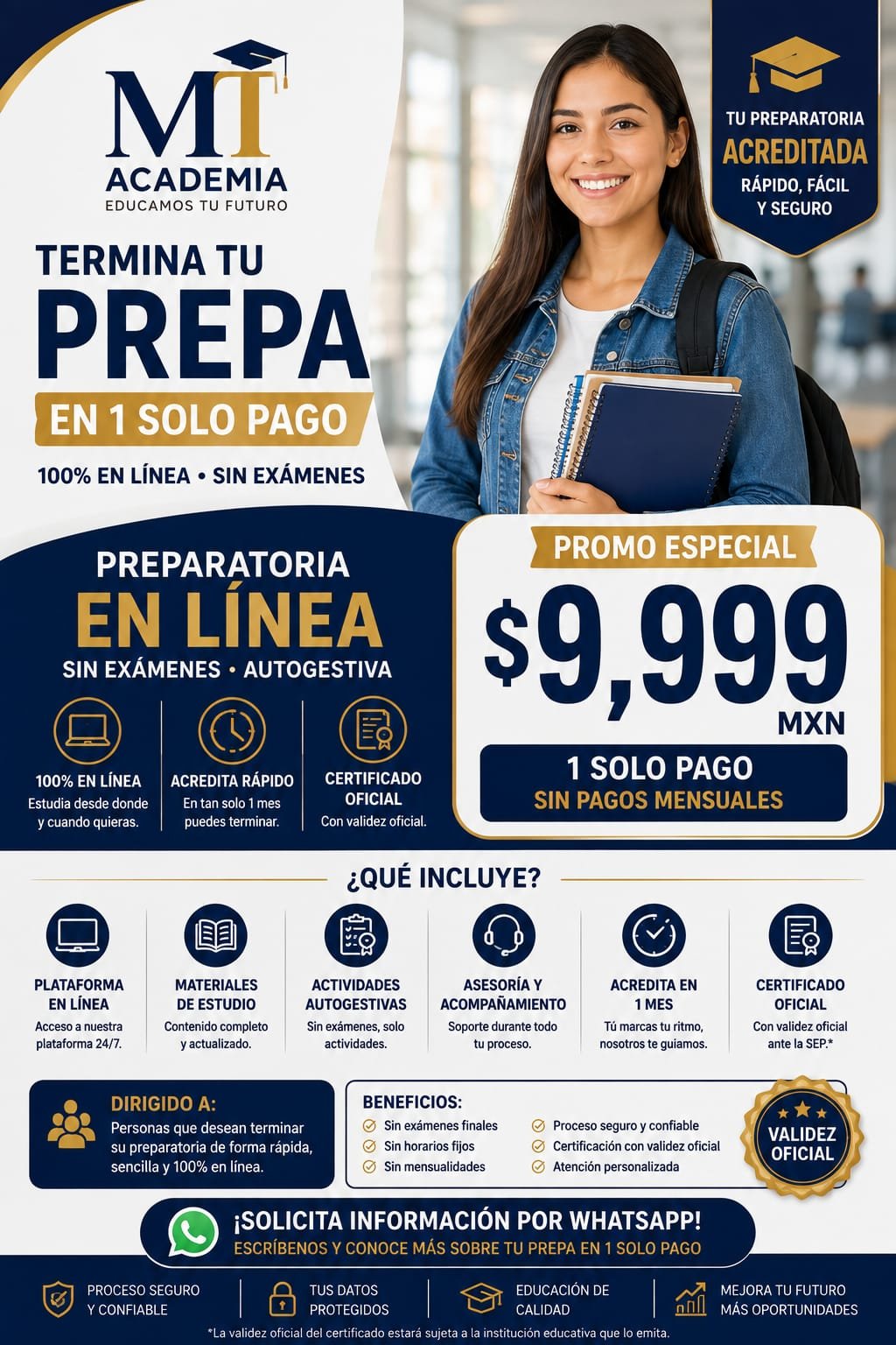 Oferta de preparatoria en línea en un solo pago por $9,999 MXN